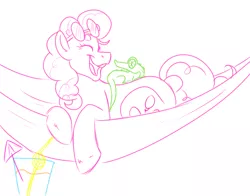 Size: 1280x1003 | Tagged: safe, artist:boyslushie, derpibooru import, gummy, pinkie pie, earth pony, pony, cutie mark, duo, eyes closed, female, glasses, hammock, mare, open mouth, simple background, sketch, white background