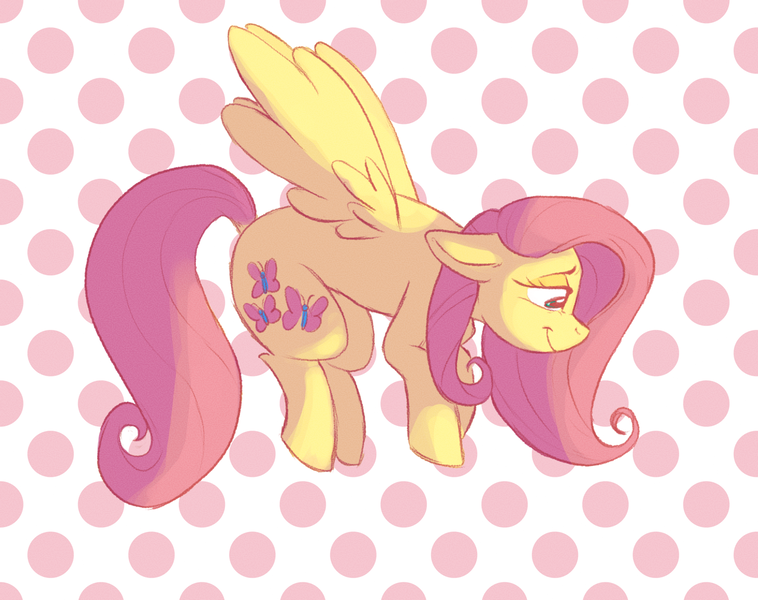 Size: 1280x1013 | Tagged: safe, artist:boyslushie, derpibooru import, fluttershy, pegasus, pony, abstract background, cutie mark, female, floppy ears, flying, lidded eyes, looking down, mare, polka dot background, profile, smiling, solo, spread wings, wings