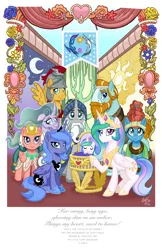 Size: 6600x10200 | Tagged: safe, artist:koolfrood, artist:tonyfleecs, derpibooru import, flash magnus, meadowbrook, mistmane, princess celestia, princess luna, rockhoof, somnambula, star swirl the bearded, oc, oc:ian denney, alicorn, earth pony, pegasus, pony, unicorn, absurd resolution, crib, equestrian flag, group photo, pillars of equestria, royal sisters