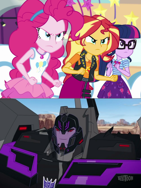 Size: 851x1136 | Tagged: safe, derpibooru import, edit, screencap, pinkie pie, sci-twi, sunset shimmer, twilight sparkle, equestria girls, equestria girls series, rollercoaster of friendship, clash of hasbro's titans, crossover, decepticon, motormaster, stunticons, transformers, transformers robots in disguise (2015)