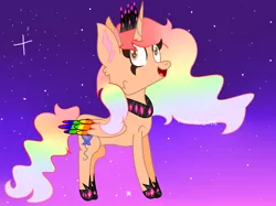 Size: 1762x1320 | Tagged: safe, artist:mlpfan2017, derpibooru import, oc, oc:princess rainbow party, unofficial characters only, alicorn, pony, clothes, colored wings, crown, gradient background, happy, horse shoes, jewelry, long mane, long tail, looking up, multicolored hair, multicolored wings, peytral, rainbow hair, rainbow wings, regalia, shoes, simple background, solo, wings
