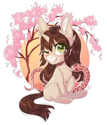 Size: 1000x1167 | Tagged: safe, artist:kseniyart, derpibooru import, oc, oc:cinnamon fawn, unofficial characters only, pony, snake, unicorn, brown hair, cherry blossoms, chibi, female, flower, flower blossom, glasses, green eyes, heart eyes, long hair, mare, one eye closed, ponysona, sakura tree, simple background, sitting, smiling, solo, transparent background, tree, wingding eyes, wink