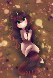 Size: 1300x1900 | Tagged: safe, artist:kirionek, derpibooru import, oc, oc:cinnamon fawn, unofficial characters only, pony, unicorn, aerial view, autumn, blushing, commission, female, flower, grass, green eyes, hooves to the chest, leaves, long hair, looking up, mare, on back, outdoors, overhead view, ponysona, smiling, solo, top down, ych result