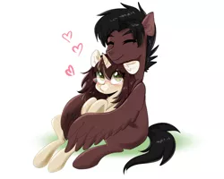 Size: 2500x2000 | Tagged: safe, artist:kaikururu, derpibooru import, oc, oc:cinnamon fawn, oc:sovereign ashes, unofficial characters only, pegasus, pony, unicorn, black hair, blushing, brown hair, couple, cuddling, duo, eyes closed, female, glasses, green eyes, happy, heart, hug, hug from behind, long hair, male, mare, pair, short hair, simple background, smiling, stallion, white background, winghug