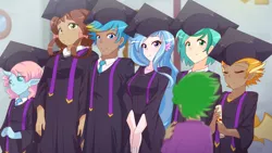 Size: 1280x720 | Tagged: anime, artist:jonfawkes, cloak, clothes, cute, derpibooru import, elf ears, female, gallus, graduation cap, hat, horn, horned humanization, human, humanized, male, ocellus, safe, sandbar, scene interpretation, school raze, silverstream, smolder, spike, student six, wing ears, winged humanization, wings, yona