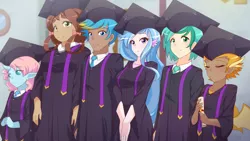 Size: 1280x720 | Tagged: alternate version, anime, artist:jonfawkes, cloak, clothes, dark skin, derpibooru import, elf ears, female, gallus, graduation cap, hat, horn, horned humanization, human, humanized, light skin, male, ocellus, safe, sandbar, scene interpretation, school raze, silverstream, smolder, student six, wing ears, winged humanization, wings, yona