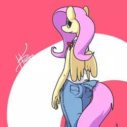 Size: 1280x1280 | Tagged: anthro, artist:pencilbrony, clothes, derpibooru import, female, fluttershy, jeans, pants, safe, solo, wings