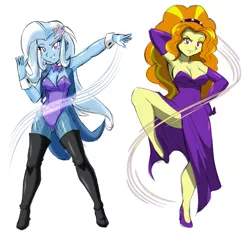 Size: 1453x1360 | Tagged: safe, artist:danmakuman, derpibooru import, edit, adagio dazzle, trixie, equestria girls, rainbow rocks, armpits, boots, breasts, busty adagio dazzle, cleavage, clothes, costume, dress, evening gloves, female, fishnets, gloves, high heels, leotard, long gloves, looking at you, magician outfit, pantyhose, shoes, side slit, simple background, thigh boots, underass, white background
