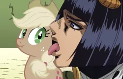 Size: 1070x689 | Tagged: suggestive, derpibooru import, edit, edited screencap, screencap, applejack, earth pony, human, pony, the return of harmony, 1000 hours in ms paint, bruno buccellati, bruno bucciarati, discorded, exploitable meme, female, freckles, giorno giovanna, golden wind, hat, jojo's bizarre adventure, liarjack, licking, looking at you, mare, meme, nose wrinkle, old meme, rerorero, scrunchy face, solo, spoilers for another series, the taste of a liar, tongue out, vento aureo
