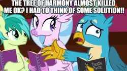 Size: 895x500 | Tagged: semi-grimdark, derpibooru import, edit, edited screencap, screencap, gallus, sandbar, silverstream, pony, the end in friend, caption, death note, image macro, meme, text