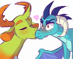 Size: 2500x2000 | Tagged: safe, artist:canisrettmajoris, derpibooru import, princess ember, thorax, changedling, changeling, dragon, blushing, dragon lord ember, dragoness, embrax, eyes closed, female, heart, interspecies, king thorax, kissing, male, shipping, simple background, smiling, straight, tsundember, tsundere, white background
