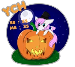 Size: 4049x3607 | Tagged: safe, artist:mimihappy99, derpibooru import, oc, unofficial characters only, bat pony, pony, advertisement, auction, chibi, commission, female, halloween, hat, heart eyes, holiday, jack-o-lantern, mare, moon, night, pumpkin, simple background, solo, transparent background, wingding eyes, witch hat, your character here