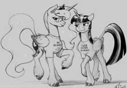 Size: 1200x831 | Tagged: safe, artist:amarynceus, deleted from derpibooru, derpibooru import, princess luna, twilight sparkle, twilight sparkle (alicorn), alicorn, pony, clothes, cloven hooves, duo, ethereal mane, female, gray background, grayscale, lesbian, mare, monochrome, realistic horse legs, shipping, shirt, simple background, sketch, starry mane, tongue out, twiluna, unshorn fetlocks