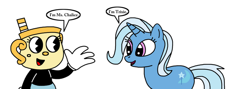 Size: 1600x602 | Tagged: safe, artist:marcospower1996, artist:mega-shonen-one-64, derpibooru import, trixie, pony, unicorn, crossover, cuphead, hasbro, hasbro studios, meeting, ms. chalice, studio mdhr