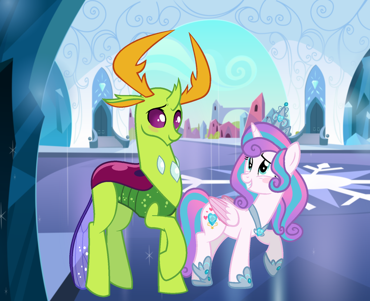 Size: 1867x1520 | Tagged: safe, artist:gihhbloonde, derpibooru import, princess flurry heart, thorax, changedling, changeling, pony, female, flurrax, king thorax, male, older, shipping, straight