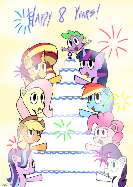 Size: 2000x2800 | Tagged: anniversary, applejack, artist:icywindthepony, cake, derpibooru import, fluttershy, food, happy birthday mlp:fim, mlp fim's eighth anniversary, pinkie pie, rainbow dash, rarity, safe, starlight glimmer, sunset shimmer, twilight sparkle