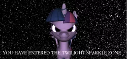 Size: 1582x734 | Tagged: safe, artist:hectorny, derpibooru import, twilight sparkle, twilight sparkle (alicorn), alicorn, pony, 3d, evil grin, faic, female, grin, mare, parody, pun, smiling, space, stars, the twilight zone, wrong neighborhood