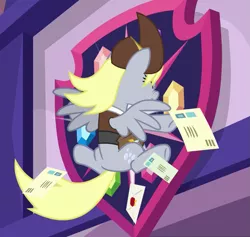 Size: 879x835 | Tagged: safe, derpibooru import, screencap, derpy hooves, pegasus, pony, school raze, clothes, crash, cropped, faceplant, female, hat, letter, mailmare, mailmare hat, mare, ouch, solo, uniform