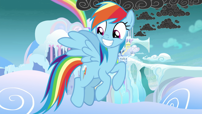 Size: 1920x1080 | Tagged: safe, derpibooru import, screencap, rainbow dash, pegasus, pony, school raze, adorkable, cloud, cloudsdale, cute, dashabetes, dork, female, flying, grin, mare, rainbow, scattered thunderstorms, smiling, solo, stormcloud, weather factory