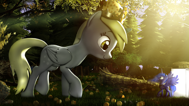 Size: 3840x2160 | Tagged: safe, artist:whiteskyline, derpibooru import, derpy hooves, princess luna, alicorn, pony, 3d, 4k, alicornified, crepuscular rays, derpicorn, dream walker luna, food, forest, macro, muffin, race swap, source filmmaker