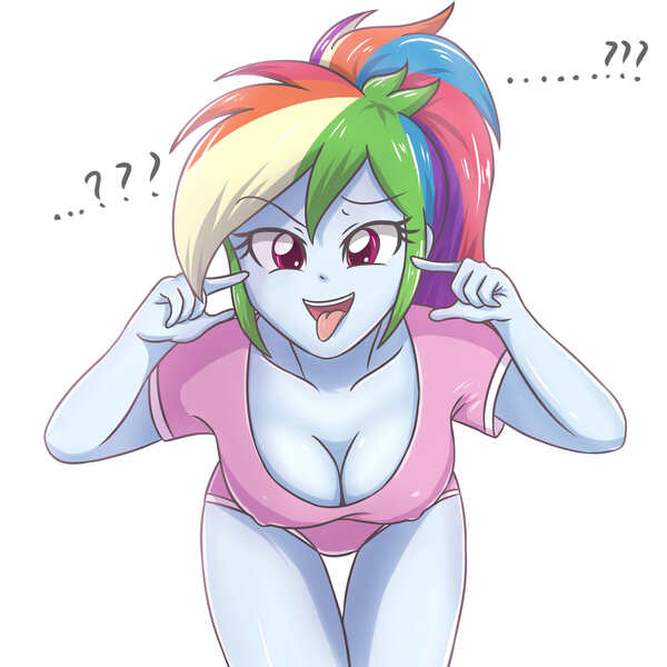 Size: 2952x2952 | Tagged: suggestive, artist:sumin6301, derpibooru import, rainbow dash, equestria girls, ..., bent over, big breasts, breasts, busty rainbow dash, cleavage, clothes, downblouse, erect nipples, female, looking at you, nipple outline, open mouth, panties, raised eyebrow, sexy, shirt, simple background, solo, solo female, stupid sexy rainbow dash, thigh gap, tongue out, underwear, white background