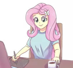 Size: 1968x1833 | Tagged: safe, artist:sumin6301, derpibooru import, fluttershy, equestria girls, clothes, coffee, cute, female, hairclip, mug, simple background, smiling, tablet, tablet drawing, tablet pen, white background