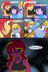 Size: 1280x1920 | Tagged: safe, artist:jase1505, artist:verumtee, deleted from derpibooru, derpibooru import, sci-twi, smarty pants, sunset shimmer, twilight sparkle, oc, oc:stargazer lily, comic:confessions, series:sunlight horizons, equestria girls, comic, female, glowing eyes, half-siblings, lesbian, offspring, parent:night light, parent:pear butter, parents:pearlight, scitwishimmer, shipping, smoke, speech bubble, sunset satan, sunsetsparkle, wings