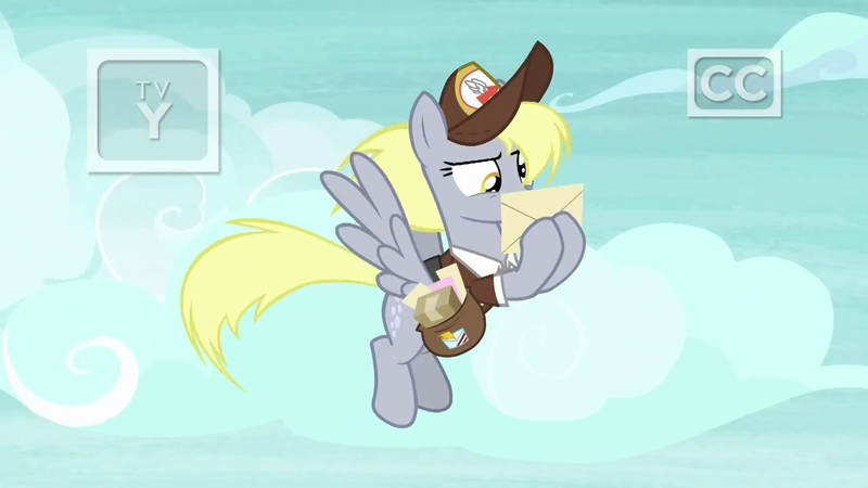 Size: 1920x1080 | Tagged: safe, derpibooru import, screencap, derpy hooves, pegasus, pony, school raze, bag, clothes, female, flying, hat, letter, mailbag, mailmare, mailmare hat, mare, saddle bag, solo, uniform, wall eyed