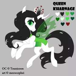 Size: 3000x3000 | Tagged: albino changeling, artist:meowcephei, changeling, changeling oc, changeling queen, changeling queen oc, derpibooru import, double colored changeling, female, green changeling, looking at you, oc, oc:queen kharnage, reference sheet, safe, smiling, solo, white changeling, white chitin