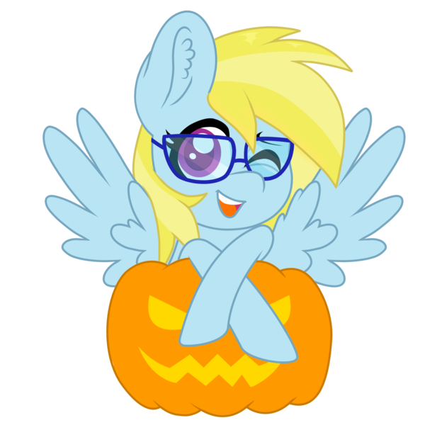 Size: 2338x2275 | Tagged: safe, artist:superanina, derpibooru import, oc, oc:cloud cuddler, unofficial characters only, pegasus, pony, commission, crossed hooves, ear fluff, female, glasses, halloween, holiday, jack-o-lantern, one eye closed, open mouth, pumpkin, simple background, solo, transparent background, ych result