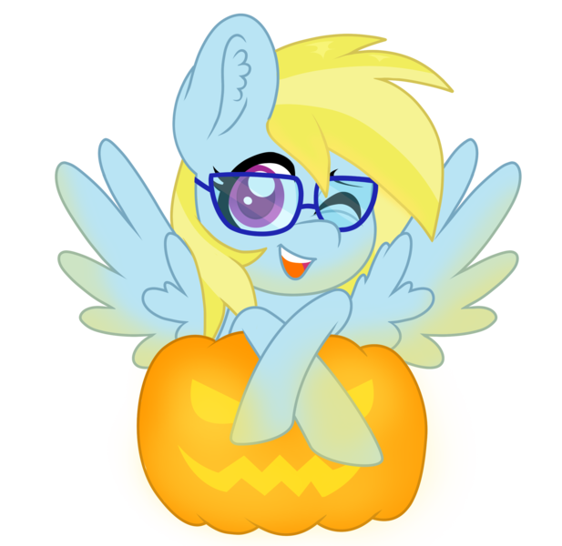 Size: 2338x2275 | Tagged: safe, artist:superanina, derpibooru import, oc, oc:cloud cuddler, unofficial characters only, pegasus, pony, commission, crossed hooves, ear fluff, female, glasses, halloween, holiday, jack-o-lantern, one eye closed, open mouth, pumpkin, simple background, solo, transparent background, ych result