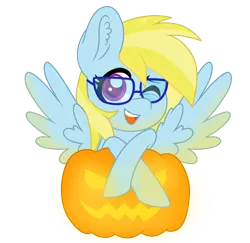 Size: 2338x2275 | Tagged: safe, artist:superanina, derpibooru import, oc, oc:cloud cuddler, unofficial characters only, pegasus, pony, commission, crossed hooves, ear fluff, female, glasses, halloween, holiday, jack-o-lantern, one eye closed, open mouth, pumpkin, simple background, solo, transparent background, ych result
