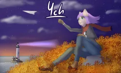 Size: 2815x1696 | Tagged: advertisement, anthro, artist:mintjuice, autumn, clothes, cloud, commission, derpibooru import, evening, female, grass, hill, lighthouse, mare, paper airplane, safe, sitting, sky, stars, water, wind, ych example, your character here