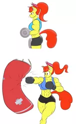 Size: 1177x1920 | Tagged: safe, artist:matchstickman, derpibooru import, apple bloom, anthro, earth pony, tumblr:where the apple blossoms, abs, apple bloom's bow, apple brawn, armpits, bicep curls, biceps, bow, boxing, boxing gloves, breasts, busty apple bloom, clothes, deltoids, dumbbell (object), exercise, female, gym clothes, gym shorts, hair bow, mare, matchstickman's apple brawn series, midriff, muscles, older, older apple bloom, punching bag, simple background, solo, sports, sports bra, sweat, thighs, thunder thighs, triceps, white background, workout