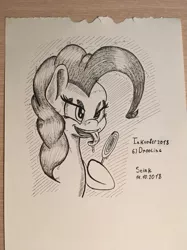 Size: 907x1210 | Tagged: safe, artist:stink111, derpibooru import, pinkie pie, pony, candy, drool, food, inktober, lollipop, monochrome, solo, traditional art