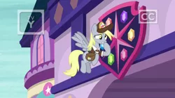 Size: 1920x1080 | Tagged: safe, derpibooru import, screencap, derpy hooves, pegasus, pony, school raze, bag, clothes, crest, emblem, female, flying, hat, mailbag, mailmare, mailmare hat, mare, saddle bag, school of friendship, shield, solo, uniform