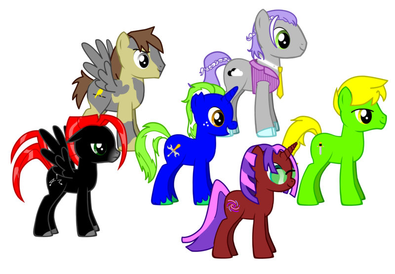 Size: 4581x3177 | Tagged: safe, derpibooru import, editor:jdueler11, oc, oc:cosmic vibes, oc:dusty canary, oc:nimbus quasar, oc:silver lining, oc:sir sheath, oc:tech savvy, unofficial characters only, earth pony, pegasus, pony, unicorn, alternate mane six, male, simple background, stallion, transparent background, vector