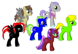 Size: 4581x3177 | Tagged: safe, derpibooru import, editor:jdueler11, oc, oc:cosmic vibes, oc:dusty canary, oc:nimbus quasar, oc:silver lining, oc:sir sheath, oc:tech savvy, unofficial characters only, earth pony, pegasus, pony, unicorn, alternate mane six, male, simple background, stallion, transparent background, vector