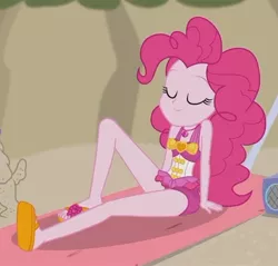 Size: 2100x2010 | Tagged: safe, derpibooru import, screencap, pinkie pie, equestria girls, equestria girls series, x marks the spot, beach, clothes, cropped, eyes closed, feet, flip-flops, relaxing, sandals, sexy, smiling, solo, swimsuit, upscaled