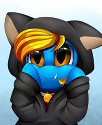 Size: 1446x1764 | Tagged: safe, artist:pridark, derpibooru import, oc, oc:aliax smily, bat pony, pony, animal costume, bat pony oc, bat wings, bust, cat ears, clothes, collar, commission, costume, gradient background, hoodie, male, portrait, smiling, solo, wings