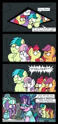 Size: 1660x3507 | Tagged: safe, artist:bobthedalek, derpibooru import, apple bloom, sandbar, scootaloo, starlight glimmer, stepford ponies, sweetie belle, earth pony, pegasus, pony, unicorn, school raze, what lies beneath, bow, chair, clothes, comic, cutie mark, cutie mark crusaders, dress, exclamation point, female, filly, food, implied cozy glow, interrobang, makeup, male, mare, mustard, nightmare cave, pure unfiltered evil, question mark, sauce, tea party, teapot, teenager, the cmc's cutie marks, thinking