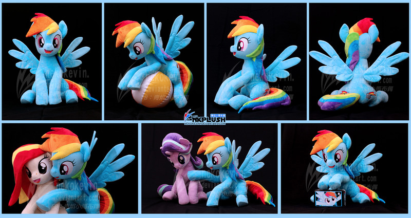 Size: 5184x2760 | Tagged: safe, artist:nekokevin, derpibooru import, rainbow dash, starlight glimmer, oc, oc:poniko, earth pony, pegasus, pony, unicorn, series:nekokevin's glimmy, ball, cute, dashabetes, female, happy, irl, mare, movie accurate, obtrusive watermark, open mouth, photo, plushie, raised hoof, sitting, spread wings, watermark, wings