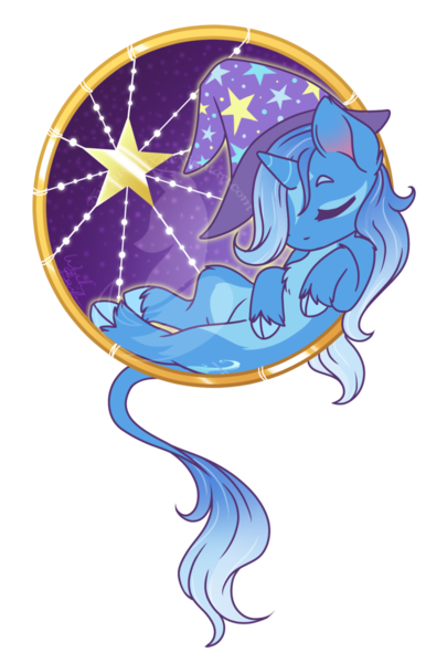 Size: 729x1080 | Tagged: safe, artist:fuyusfox, derpibooru import, trixie, classical unicorn, pony, unicorn, clothes, cloven hooves, cute, diatrixes, eyes closed, female, hat, leonine tail, mare, night, sleeping, solo, trixie's hat, unshorn fetlocks, watermark