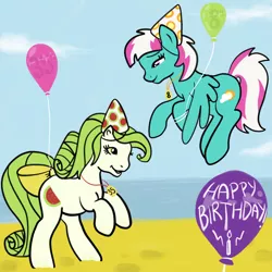 Size: 2100x2100 | Tagged: safe, artist:lannielona, derpibooru import, scrumptious, spring step, sunlight spring, pony, 35th anniversary, background pony, balloon, beach, birthday, bow, female, g1, g1 style, g4 style, happy birthday, happy birthday mlp:fim, hat, mare, party hat, sand, tail bow