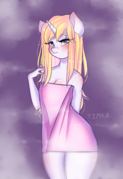 Size: 2749x4000 | Tagged: anthro, anthro oc, artist:timkaa, blushing, breasts, commission, derpibooru import, female, naked towel, oc, oc:snow veil, signature, solo, suggestive, towel, unofficial characters only, wet, wet mane, ych result