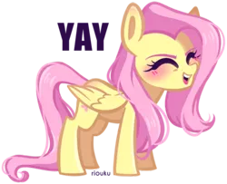 Size: 400x325 | Tagged: safe, artist:riouku, derpibooru import, fluttershy, pegasus, pony, cheering, cute, eyes closed, female, flutteryay, mare, shyabetes, simple background, smiling, solo, transparent background, wings, yay