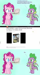 Size: 1280x2386 | Tagged: safe, artist:badponyvectors, derpibooru import, pinkie pie, spike, dragon, pony, unicorn, bionicle, chest fluff, computer, dialogue, excited, fake news, fangs, female, laptop computer, lego, magic, male, mare, news, open mouth, race swap, smiling, text, unicorn pinkie pie, wide eyes, winged spike