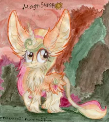 Size: 2441x2727 | Tagged: safe, artist:magnifsunspiration, derpibooru import, oc, oc:golden autumnwind, unofficial characters only, pony, unicorn, cheek fluff, chest fluff, ear fluff, female, filly, fluffy, impossibly large ears, mare, solo, traditional art, unshorn fetlocks