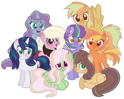 Size: 920x732 | Tagged: safe, artist:leanne264, derpibooru import, oc, oc:clover, oc:crystal belle, oc:red delicious, oc:sunset blaze, earth pony, pegasus, pony, unicorn, base used, colored pupils, female, magical lesbian spawn, mare, next generation, offspring, parent:applejack, parent:big macintosh, parent:coloratura, parent:flash sentry, parent:fluttershy, parent:pinkie pie, parent:pokey pierce, parent:quibble pants, parent:rainbow dash, parent:rarity, parents:flashjack, parents:fluttermac, parents:pokeypie, parents:quibbledash, parents:rarararara, simple background, transparent background