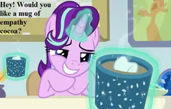 Size: 704x448 | Tagged: safe, derpibooru import, edit, edited screencap, screencap, starlight glimmer, pony, unicorn, marks for effort, bronybait, cropped, cute, desk, dialogue, empathy cocoa, female, glimmerbetes, glowing horn, horn, magic, magic aura, mare, mug, school of friendship, sitting, smiling, telekinesis